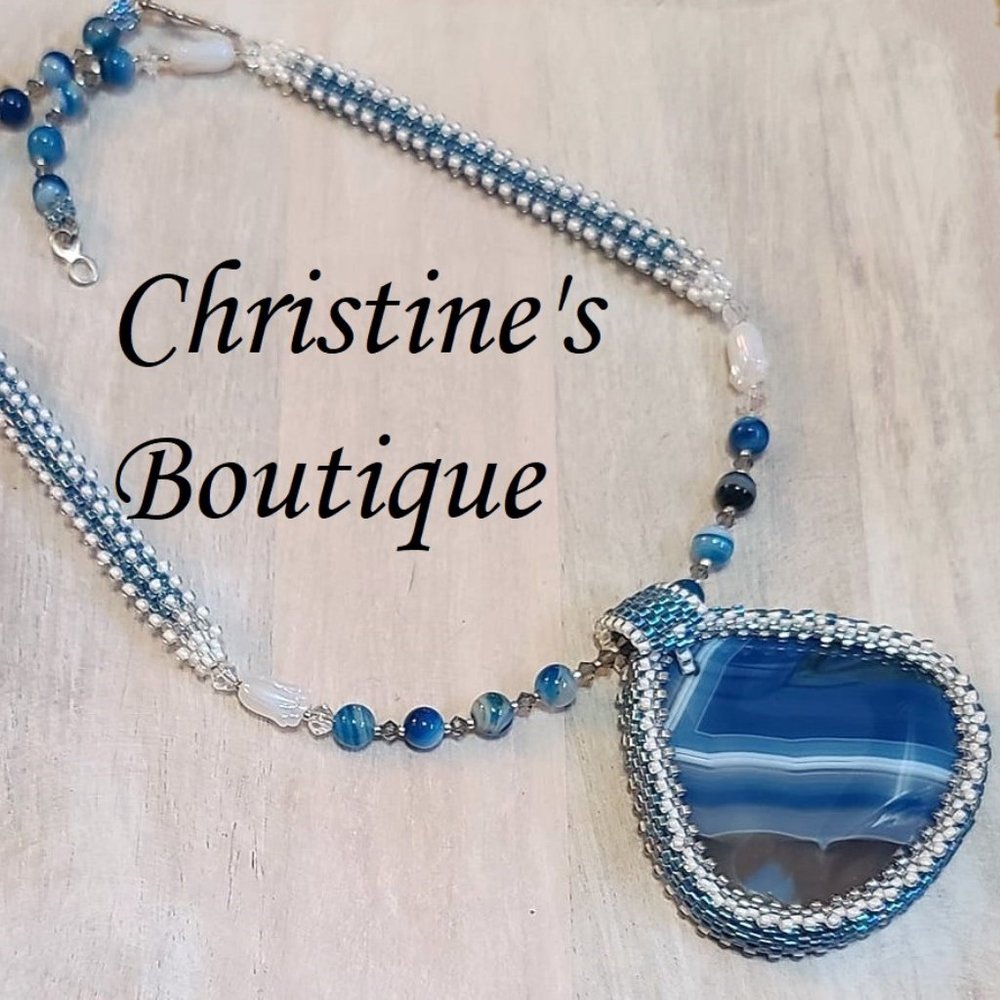 Handcrafted Gemstone necklace, pendant blue agate, with miyuki glass beads
